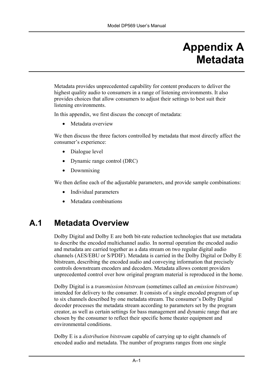 Appendix a metadata, Metadata overview, A.1 metadata overview | Dolby Laboratories DP569 User Manual | Page 59 / 90