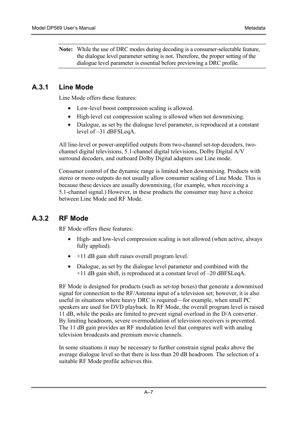 A.3.1 line mode, A.3.2 rf mode | Dolby Laboratories DP569 User Manual | Page 65 / 90