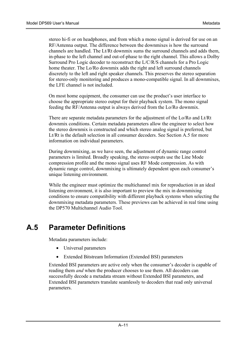 Parameter definitions, A.5 parameter definitions | Dolby Laboratories DP569 User Manual | Page 69 / 90