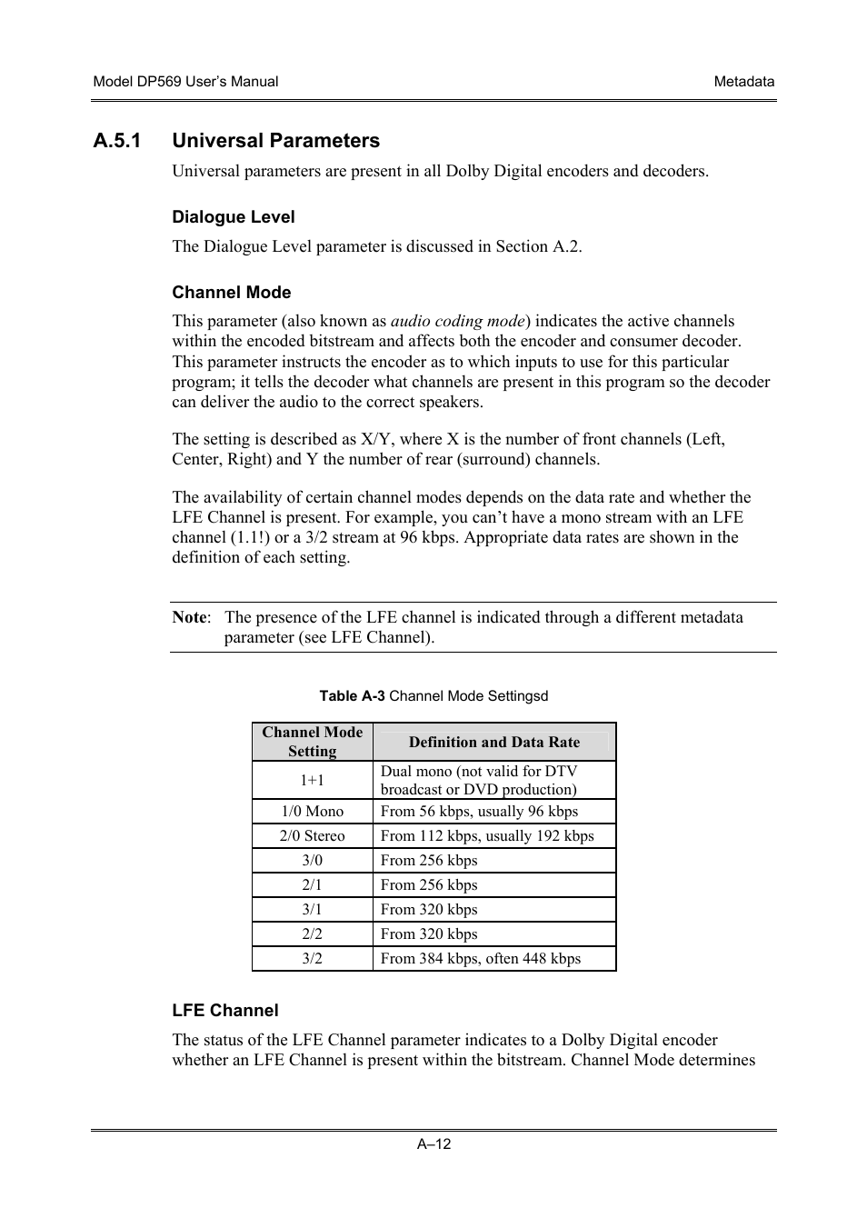 Universal parameters, A.5.1 universal parameters | Dolby Laboratories DP569 User Manual | Page 70 / 90