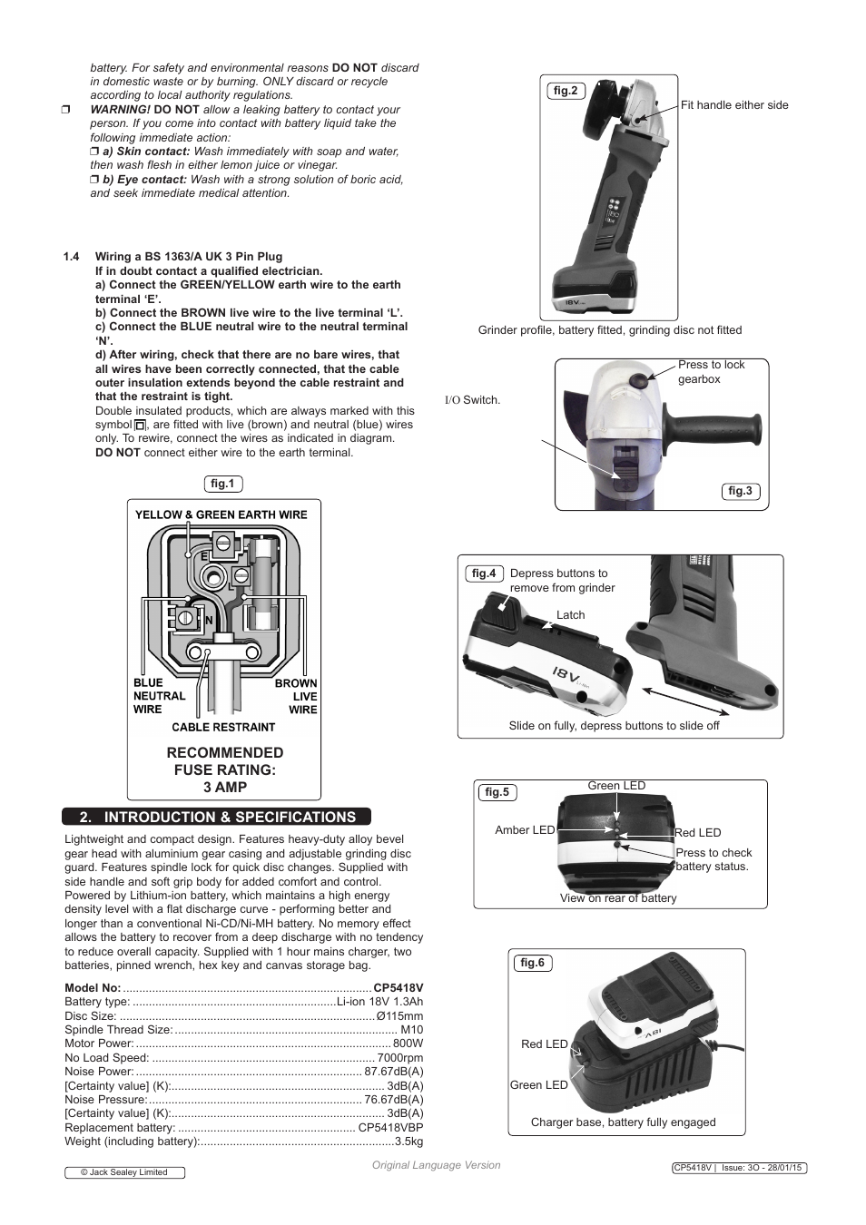 Introduction & specifications, Recommended fuse rating: 3 amp | Sealey CP5418V User Manual | Page 2 / 4