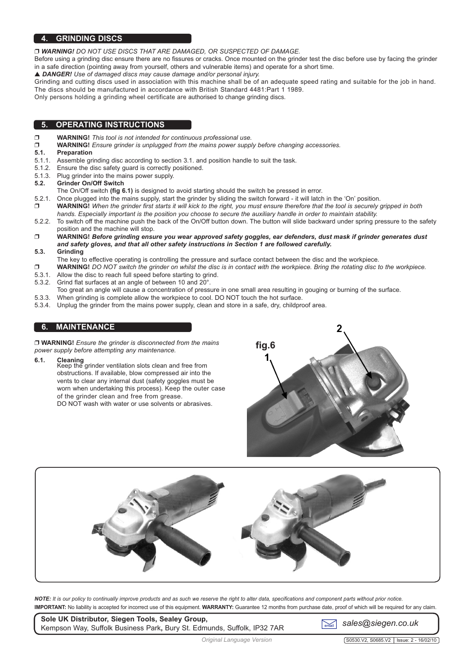 Fig.6, Sales@siegen.co.uk, Operating instructions | Grinding discs 6. maintenance | Sealey S0530 User Manual | Page 3 / 3