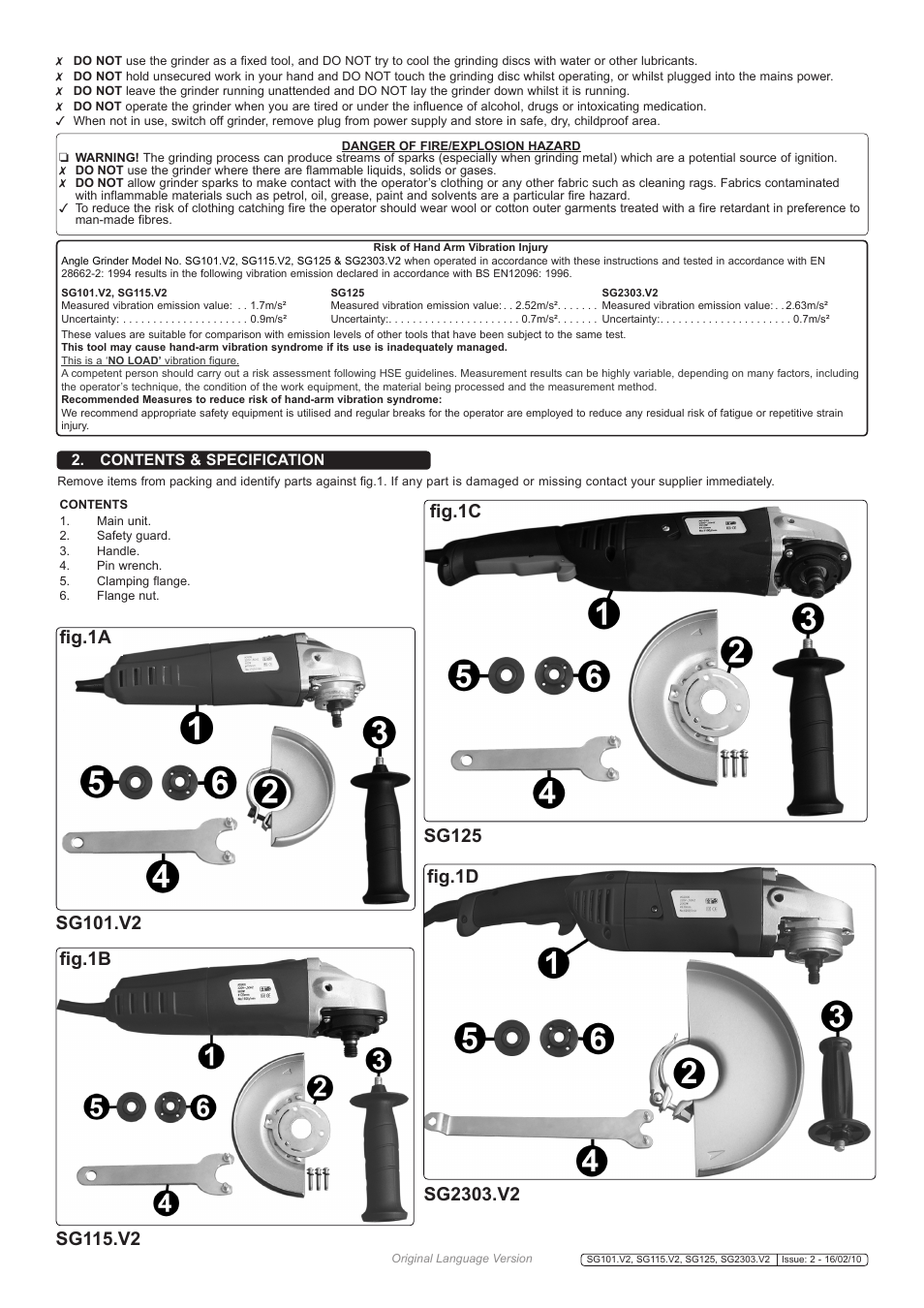 Contents & specification | Sealey SG101 User Manual | Page 2 / 5