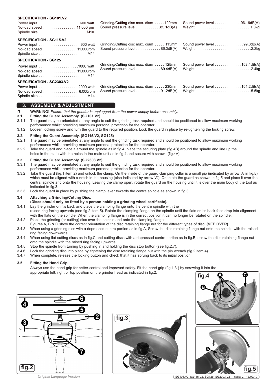 Fig.3 fig.2, Fig.5, Fig.4 | Assembly & adjustment | Sealey SG101 User Manual | Page 3 / 5