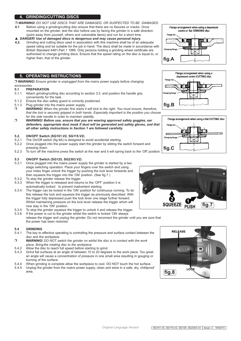 Fig.8, Fig.7, Fig.a fig.b fig.c | Grinding/cutting discs, Operating instructions | Sealey SG101 User Manual | Page 4 / 5