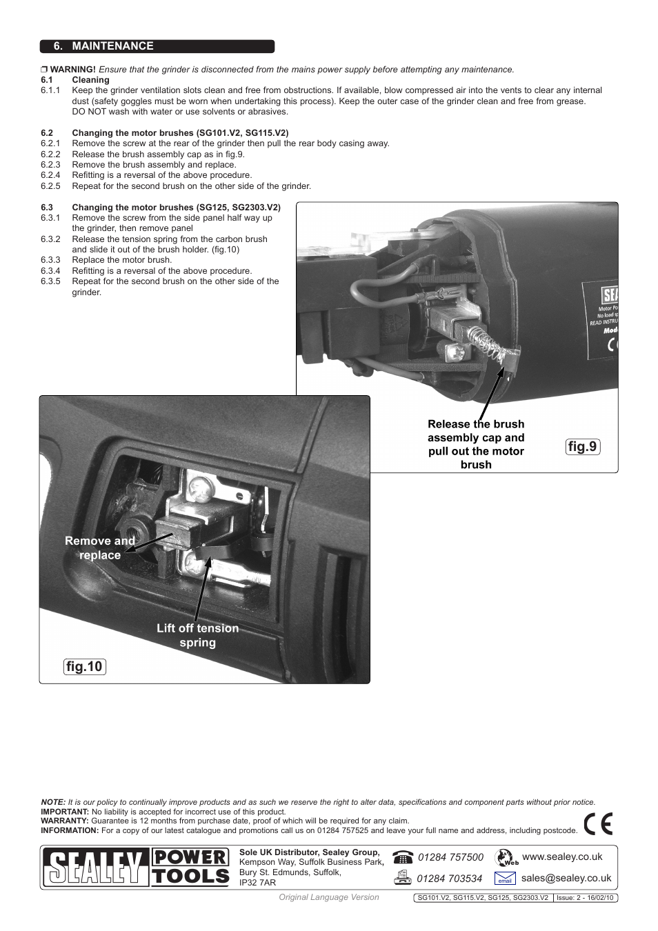 Fig.10 fig.9, Maintenance | Sealey SG101 User Manual | Page 5 / 5