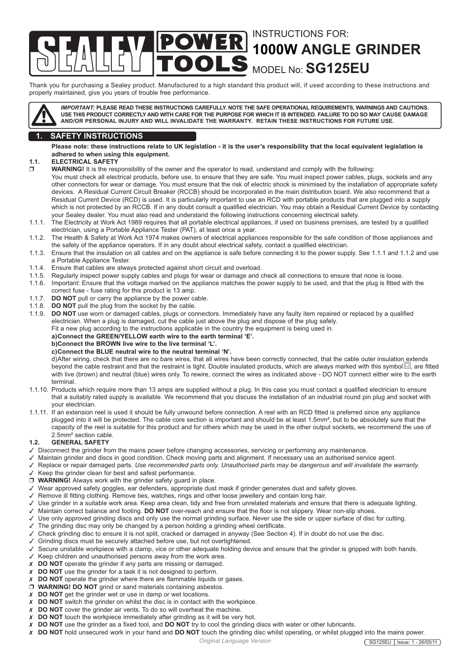 Sealey SG125EU User Manual | 5 pages