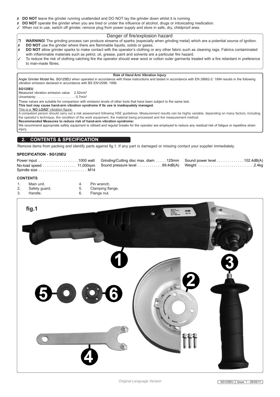 Fig.1, Danger of fire/explosion hazard, Contents & specification | Sealey SG125EU User Manual | Page 2 / 5