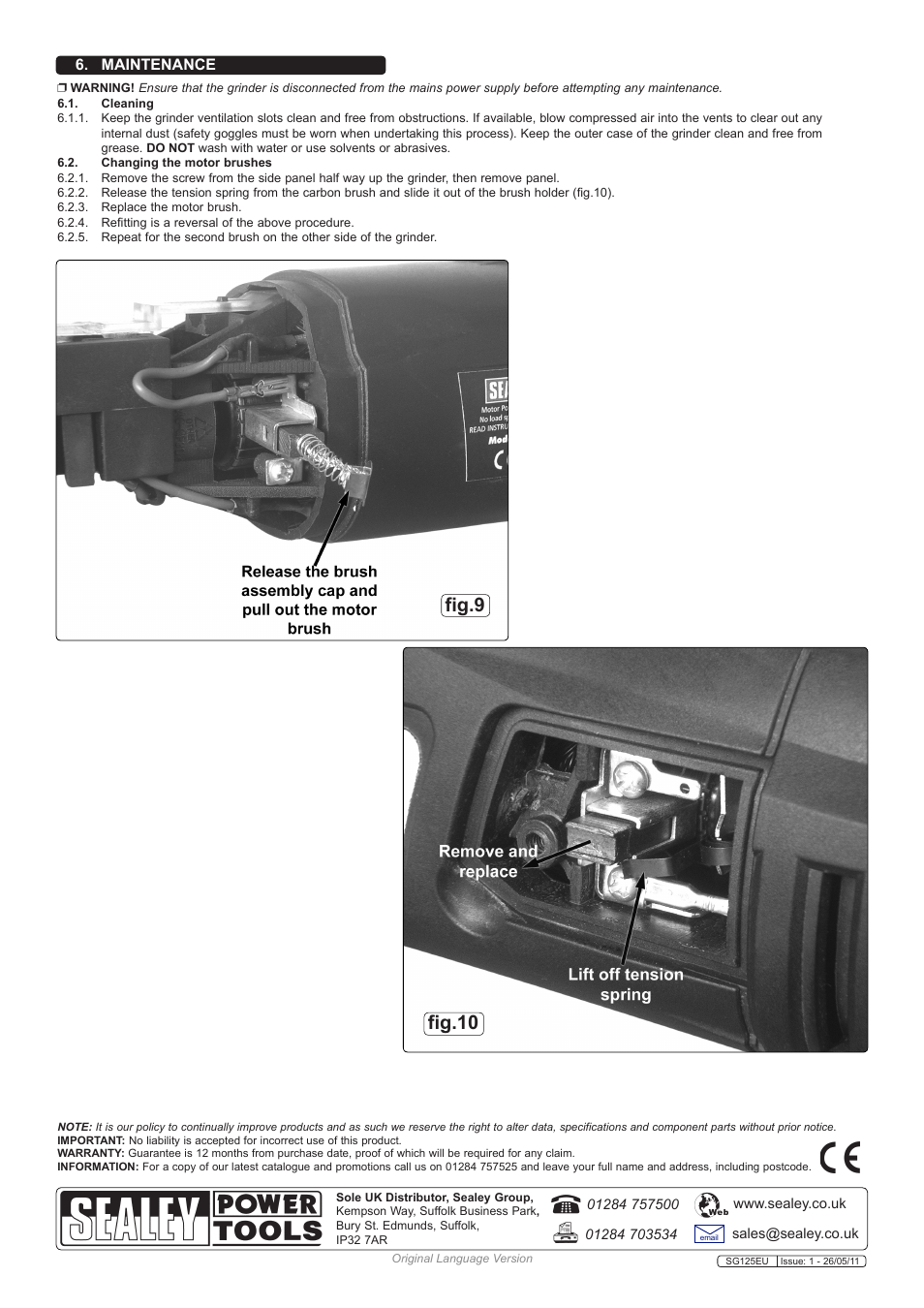 Fig.10 fig.9, Maintenance | Sealey SG125EU User Manual | Page 5 / 5