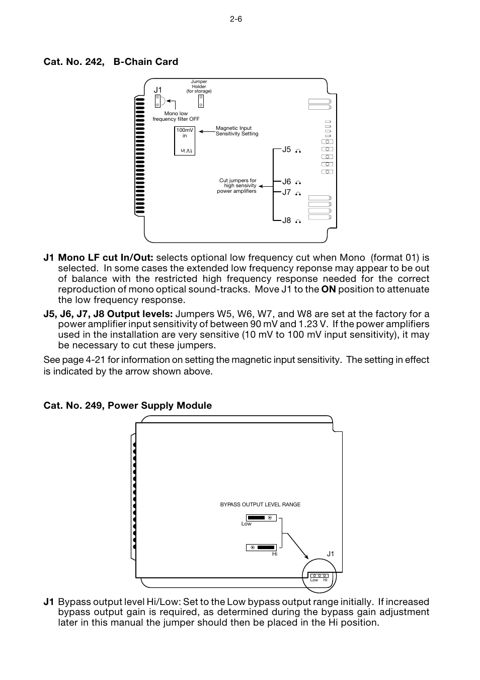 Cat. no 242, b-chain card, Cat. no. 249, power supply module, Cat. no. 242 -6 cat. no. 249 -6 | Dolby Laboratories CP65 User Manual | Page 12 / 82