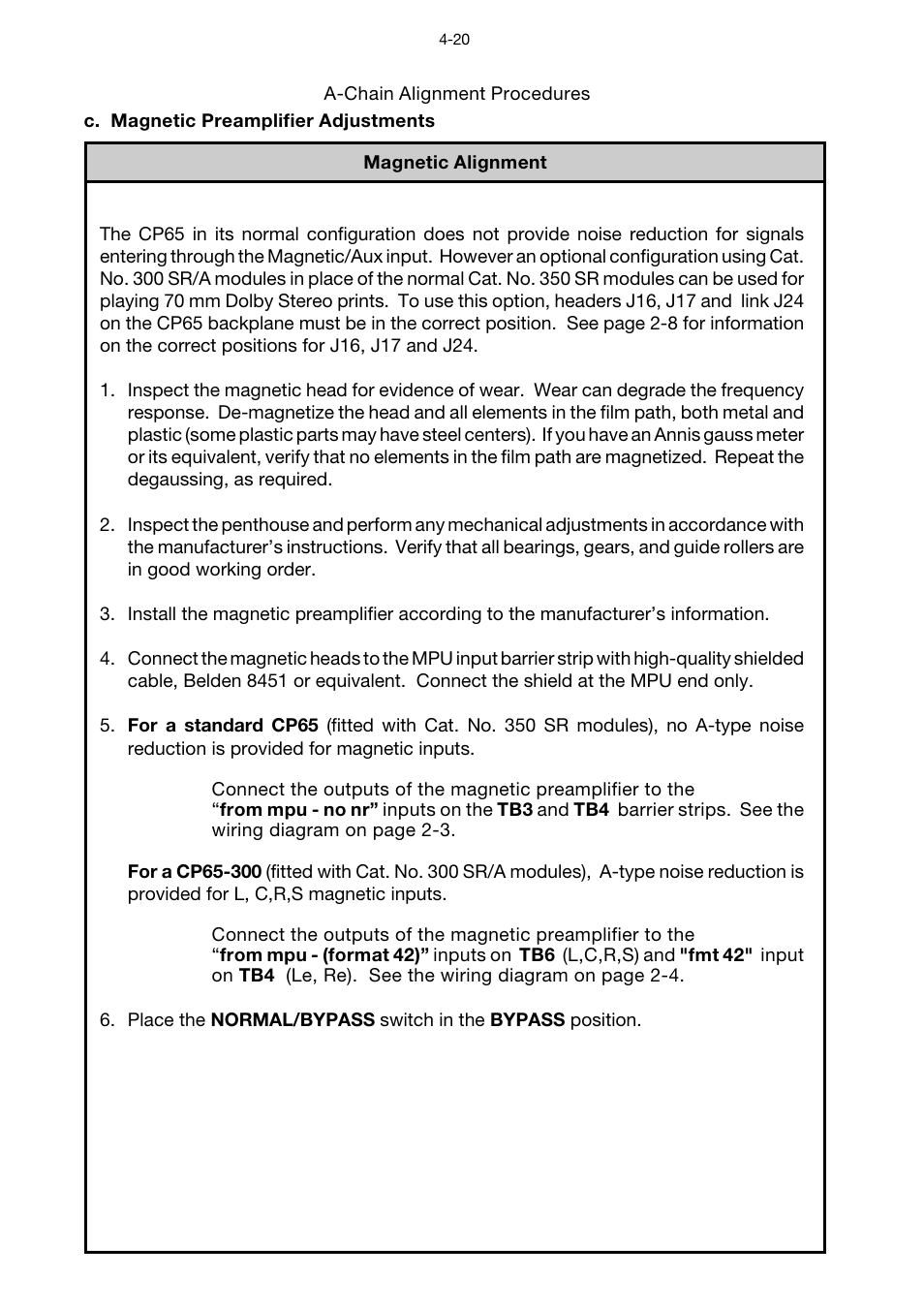 Magnetic preamplifier adjustments, C. magnetic preamplifier adjustments -20 | Dolby Laboratories CP65 User Manual | Page 37 / 82