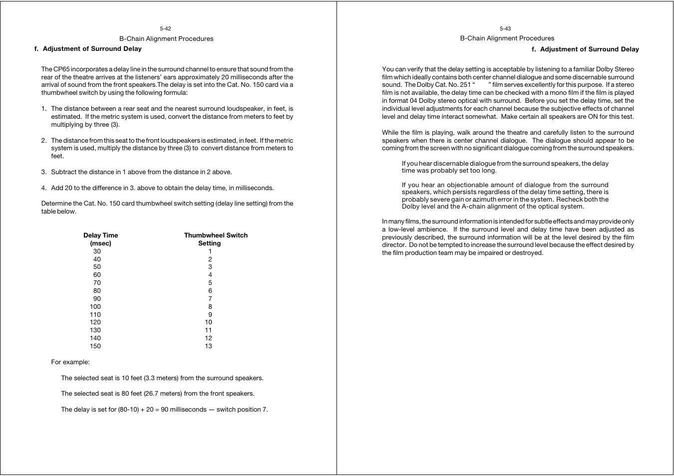 Adjustment of surround delay, F. adjustment of surround delay -42 | Dolby Laboratories CP65 User Manual | Page 60 / 82