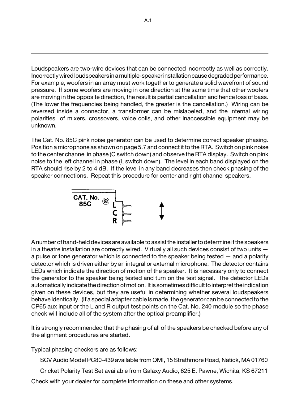 Appendix a checking phasing of speakers, Checking phasing of speakers | Dolby Laboratories CP65 User Manual | Page 77 / 82