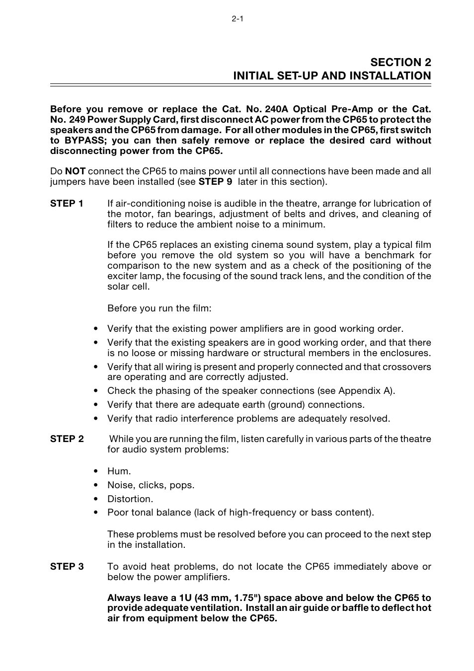 Section 2 initial setu-up and installation, Initial set-up and installation -1 | Dolby Laboratories CP65 User Manual | Page 9 / 82