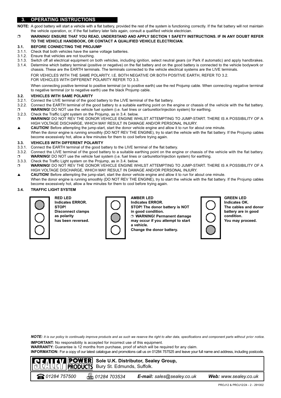 Operating instructions | Sealey PROJ12 User Manual | Page 2 / 2