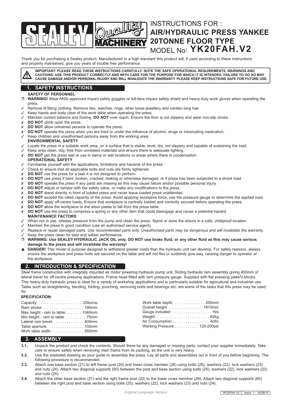 Sealey YK20FAH User Manual | 2 pages