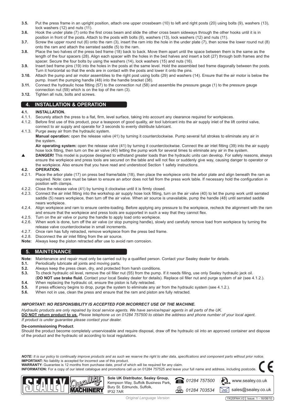 Maintenance 4. installation & operation | Sealey YK20FAH User Manual | Page 2 / 2