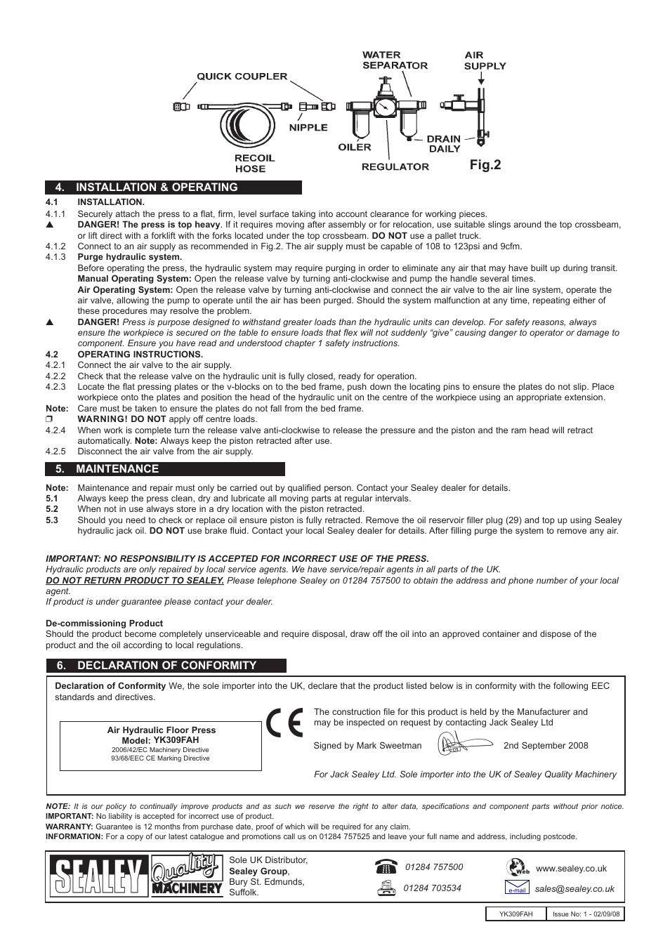 Fig.2, Declaration of conformity, Maintenance | Installation & operating | Sealey YK309FAH User Manual | Page 3 / 3