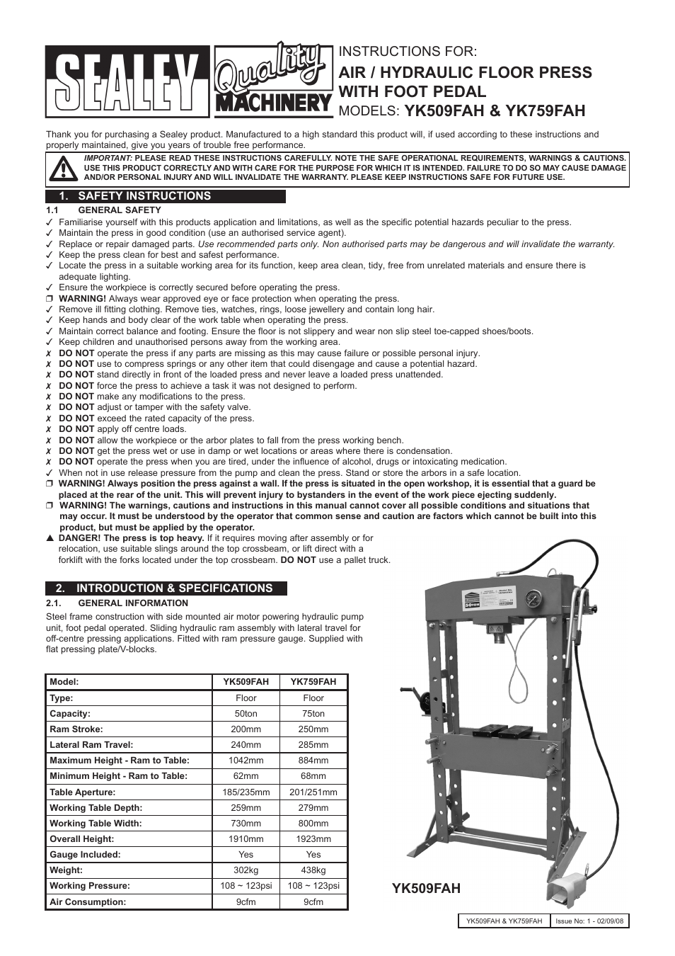 Sealey YK509FAH User Manual | 4 pages