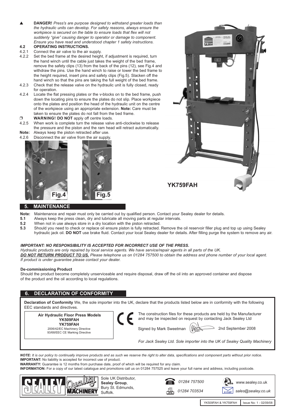 Fig.4 fig.5, Yk759fah, Declaration of conformity 5. maintenance | Sealey YK509FAH User Manual | Page 4 / 4