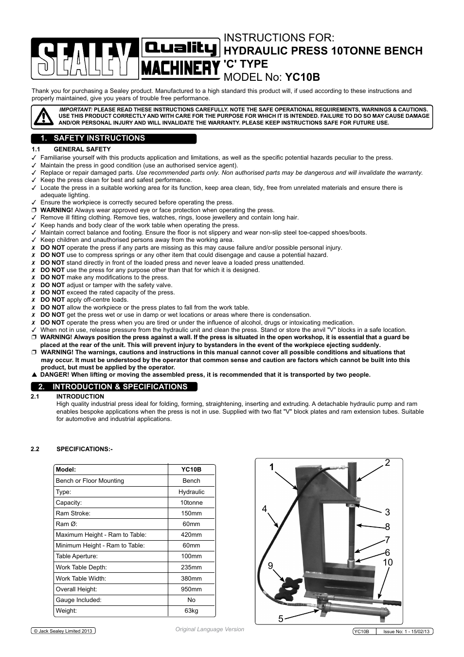 Sealey YC10B User Manual | 3 pages