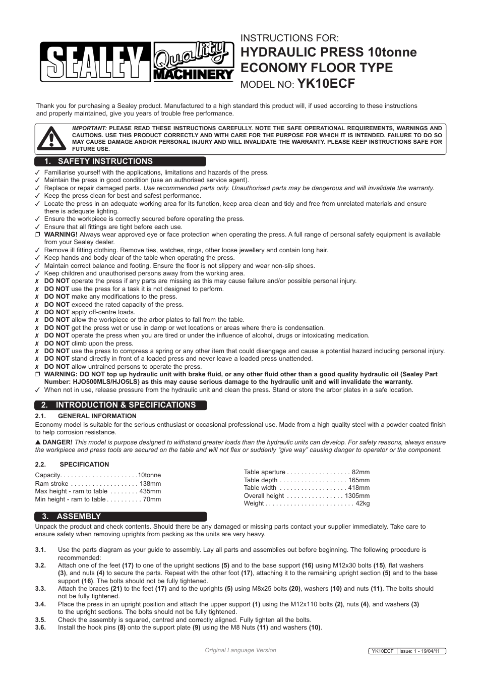 Sealey YK10ECF User Manual | 2 pages