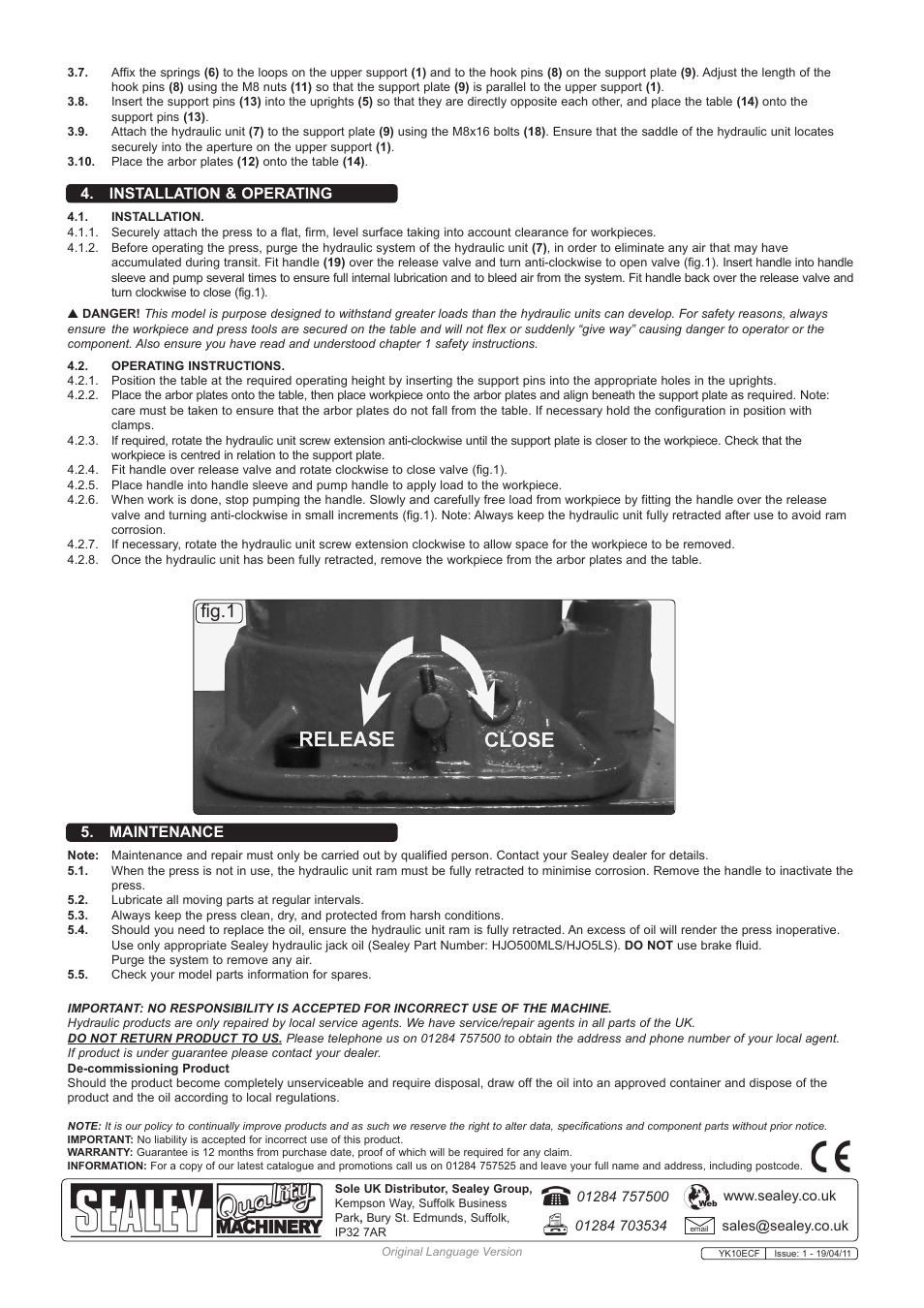 Fig.1, Installation & operating, Maintenance | Sealey YK10ECF User Manual | Page 2 / 2