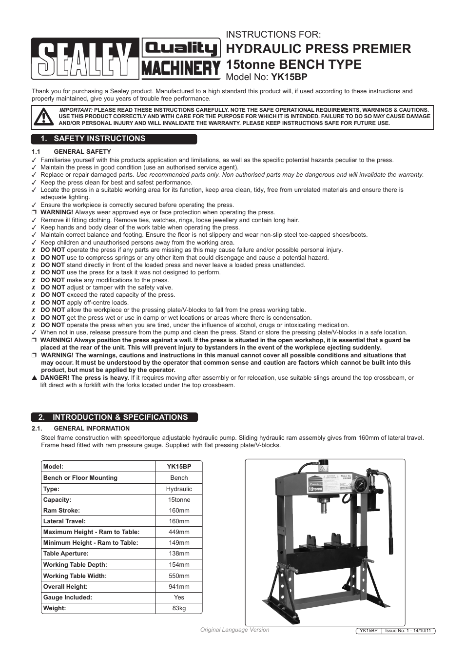 Sealey YK15BP User Manual | 3 pages