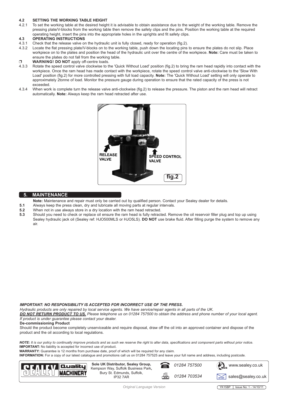 Fig.2, Maintenance | Sealey YK15BP User Manual | Page 3 / 3