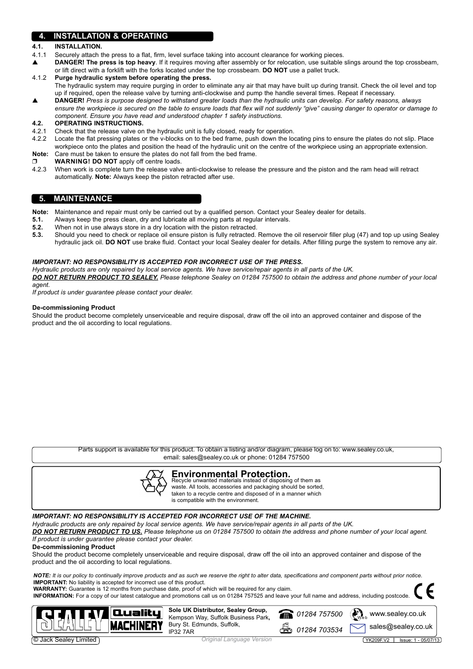 Environmental protection, Maintenance, Installation & operating | Sealey YK209F User Manual | Page 4 / 4