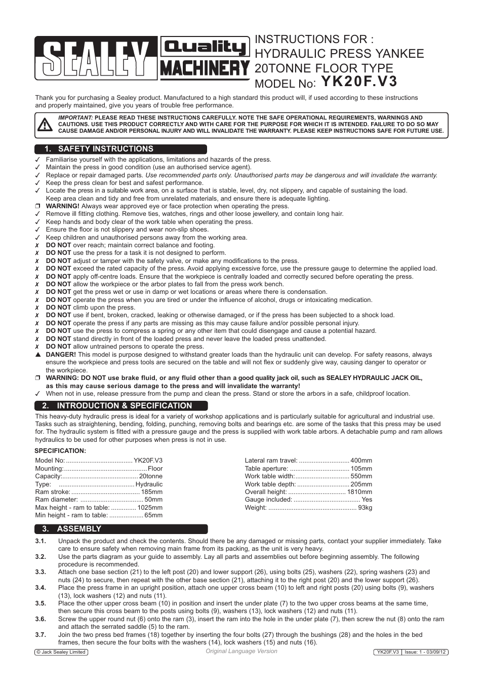 Sealey YK20F User Manual | 2 pages