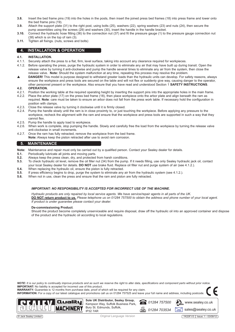 Maintenance 4. installation & operation | Sealey YK20F User Manual | Page 2 / 2