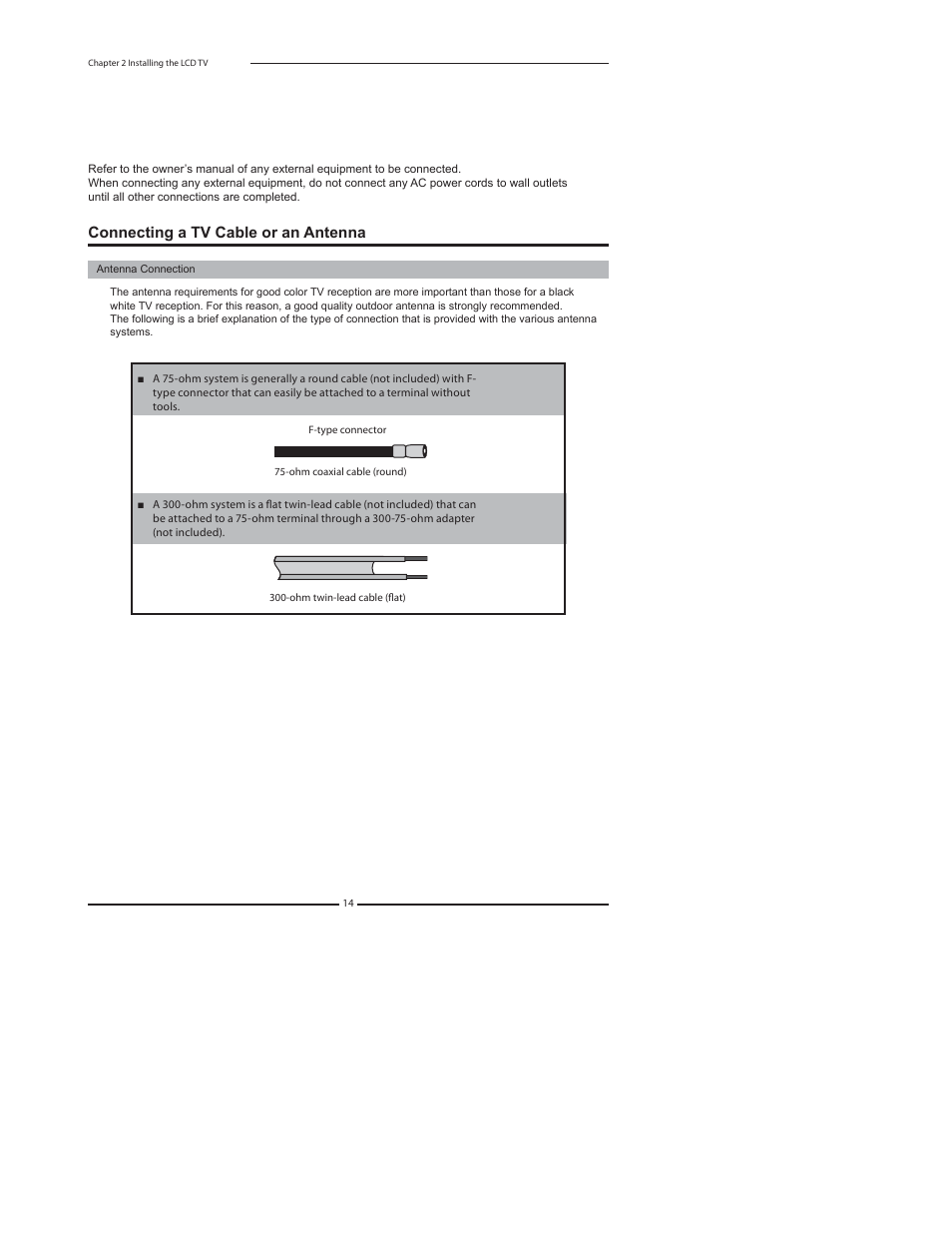Chapter 2 installing the lcd tv | Dolby Laboratories FLX-1910 User Manual | Page 16 / 46