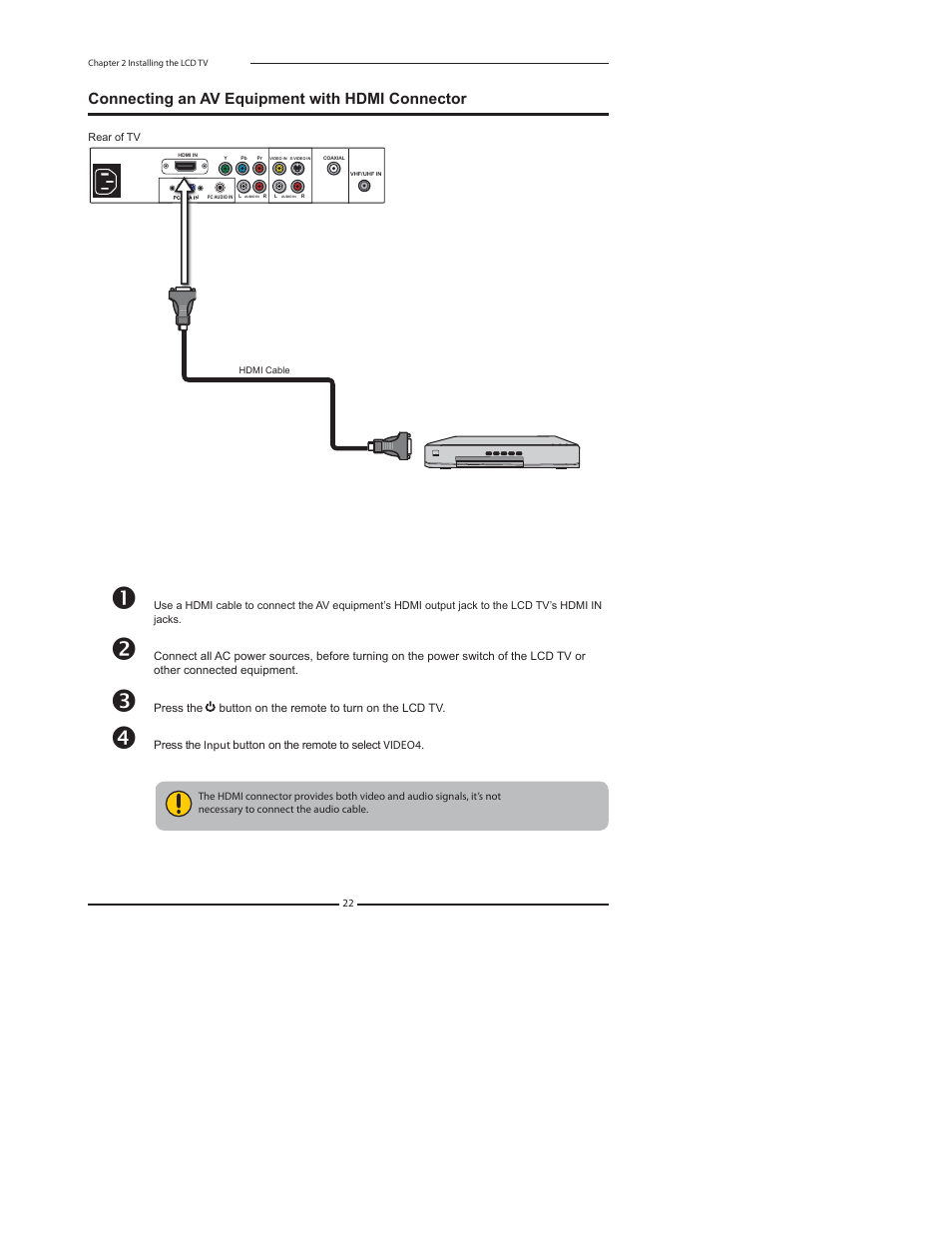 Connecting an av equipment with hdmi connector | Dolby Laboratories FLX-1910 User Manual | Page 24 / 46