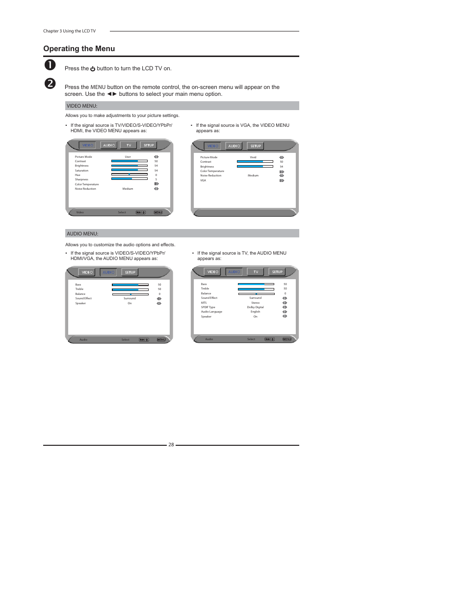 Operating the menu, Press the button to turn the lcd tv on | Dolby Laboratories FLX-1910 User Manual | Page 30 / 46