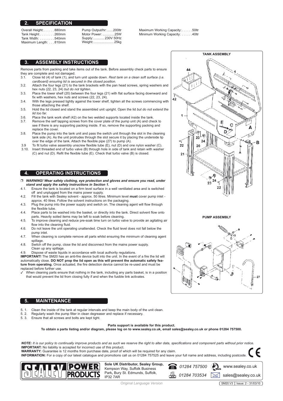 Assembly instructions, Operating instructions, Maintenance | Specification | Sealey SM20 User Manual | Page 2 / 2