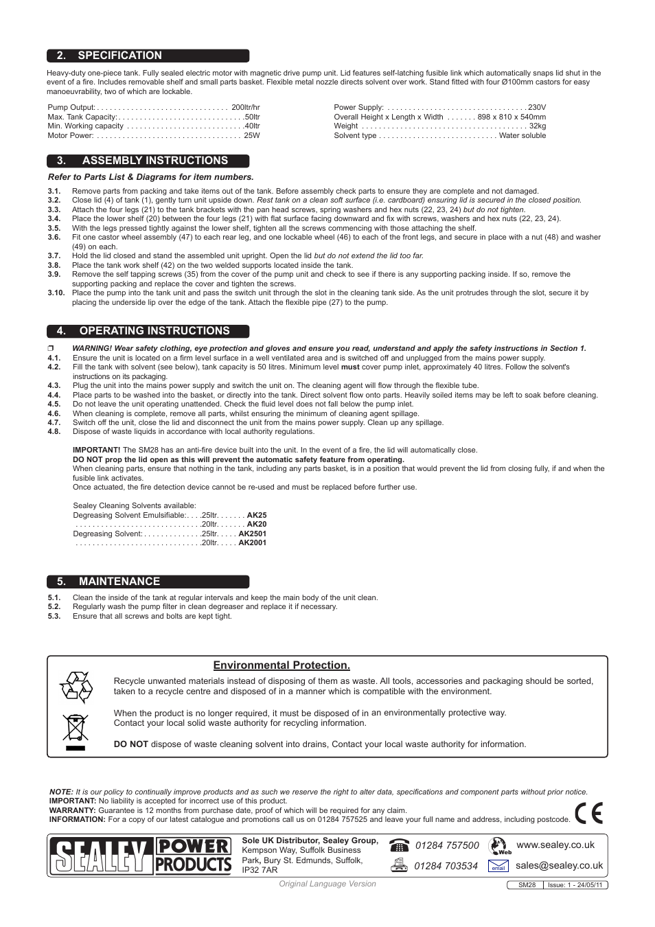 Assembly instructions, Operating instructions, Maintenance | Specification, Environmental protection | Sealey SM28 User Manual | Page 2 / 2