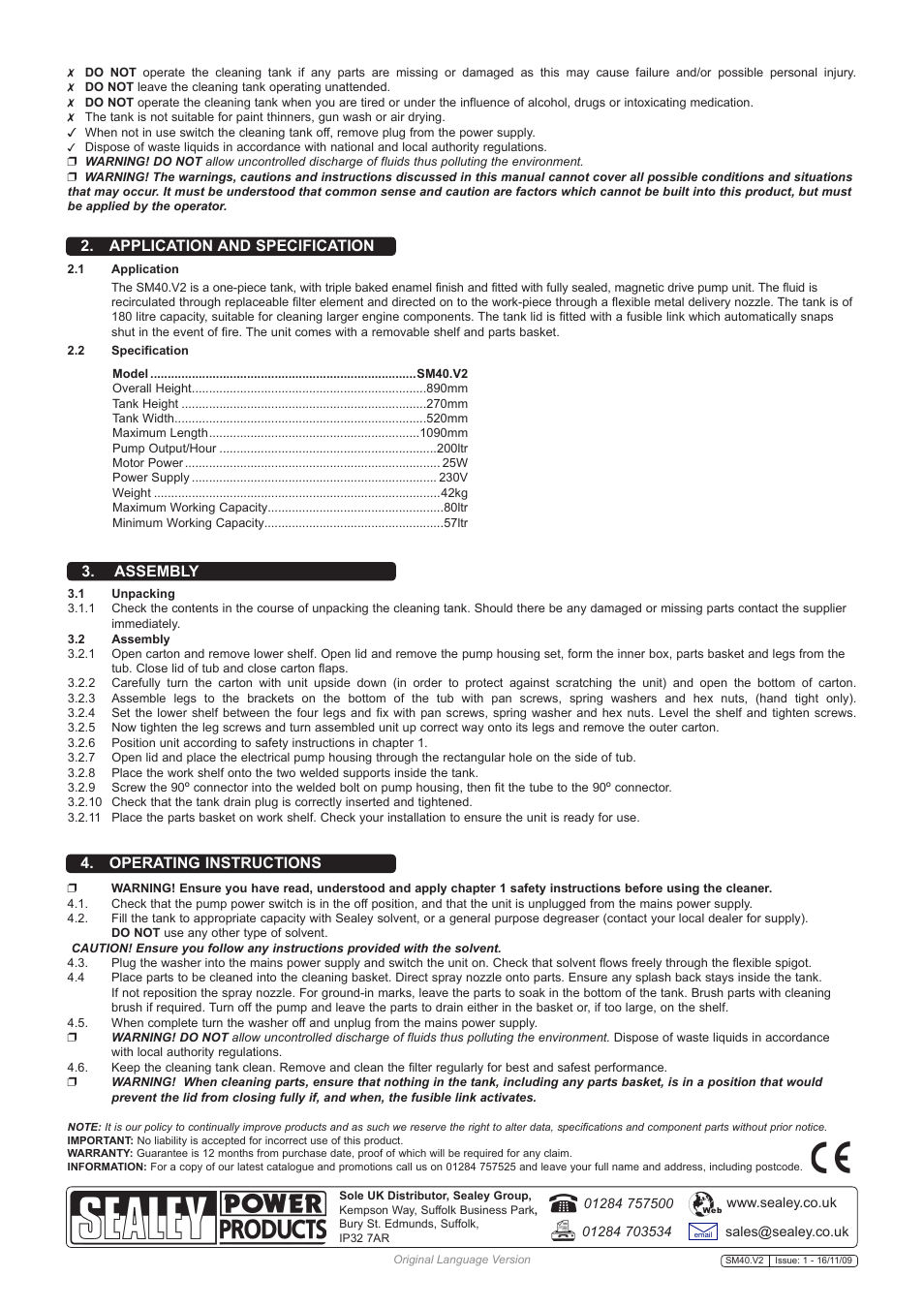 Application and specification, Assembly 4. operating instructions | Sealey SM40 User Manual | Page 2 / 2