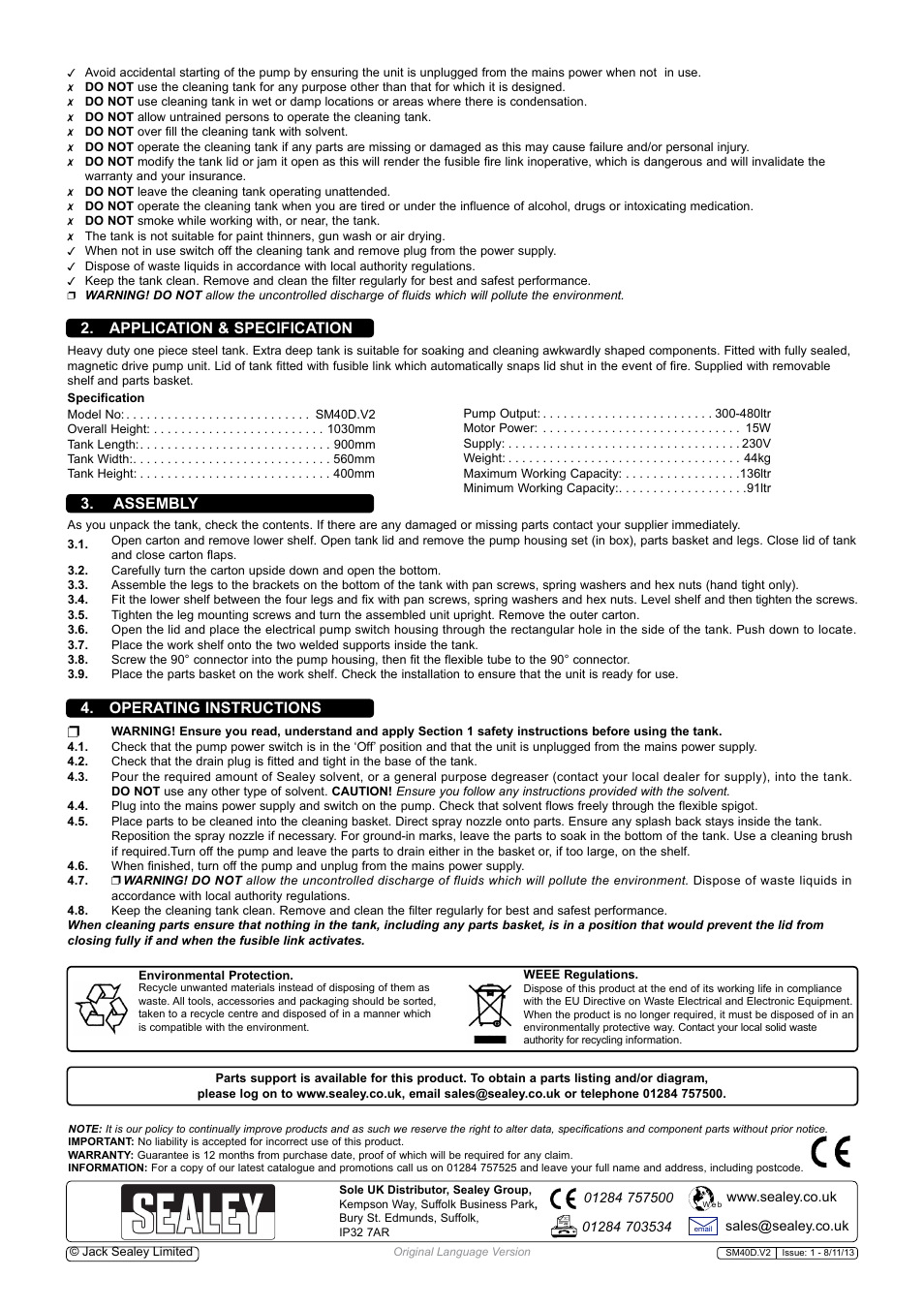 Application & specification, Assembly 4. operating instructions | Sealey SM40D User Manual | Page 2 / 2