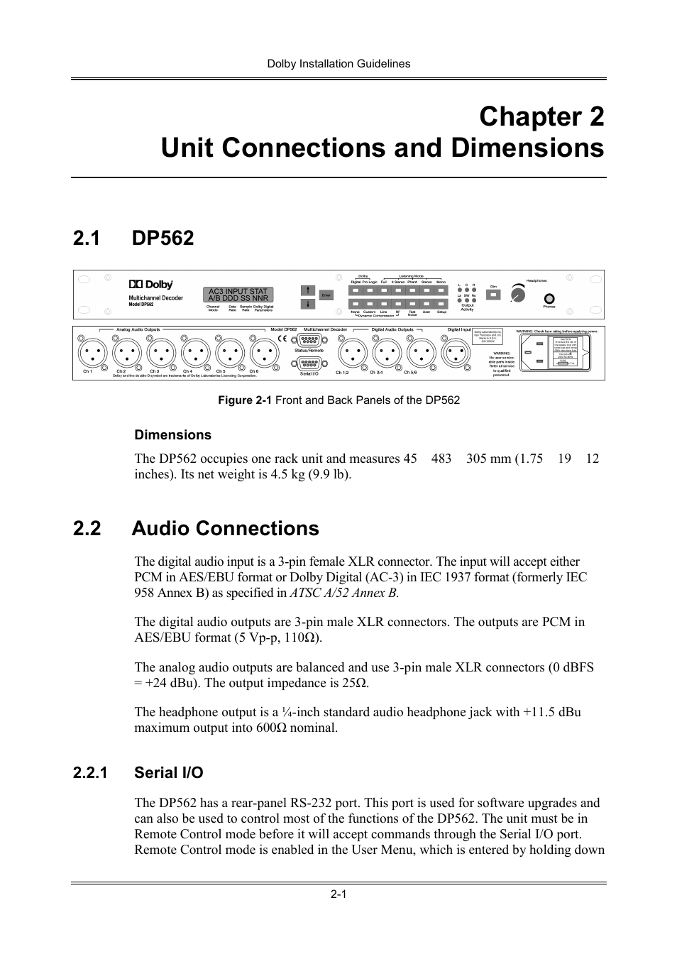 Chapter 2 unit connections and dimensions, 1 dp562, 2 audio connections | Dolby Laboratories S01/13621 User Manual | Page 11 / 40