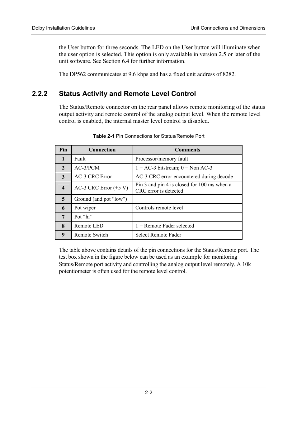 2 status activity and remote level control | Dolby Laboratories S01/13621 User Manual | Page 12 / 40