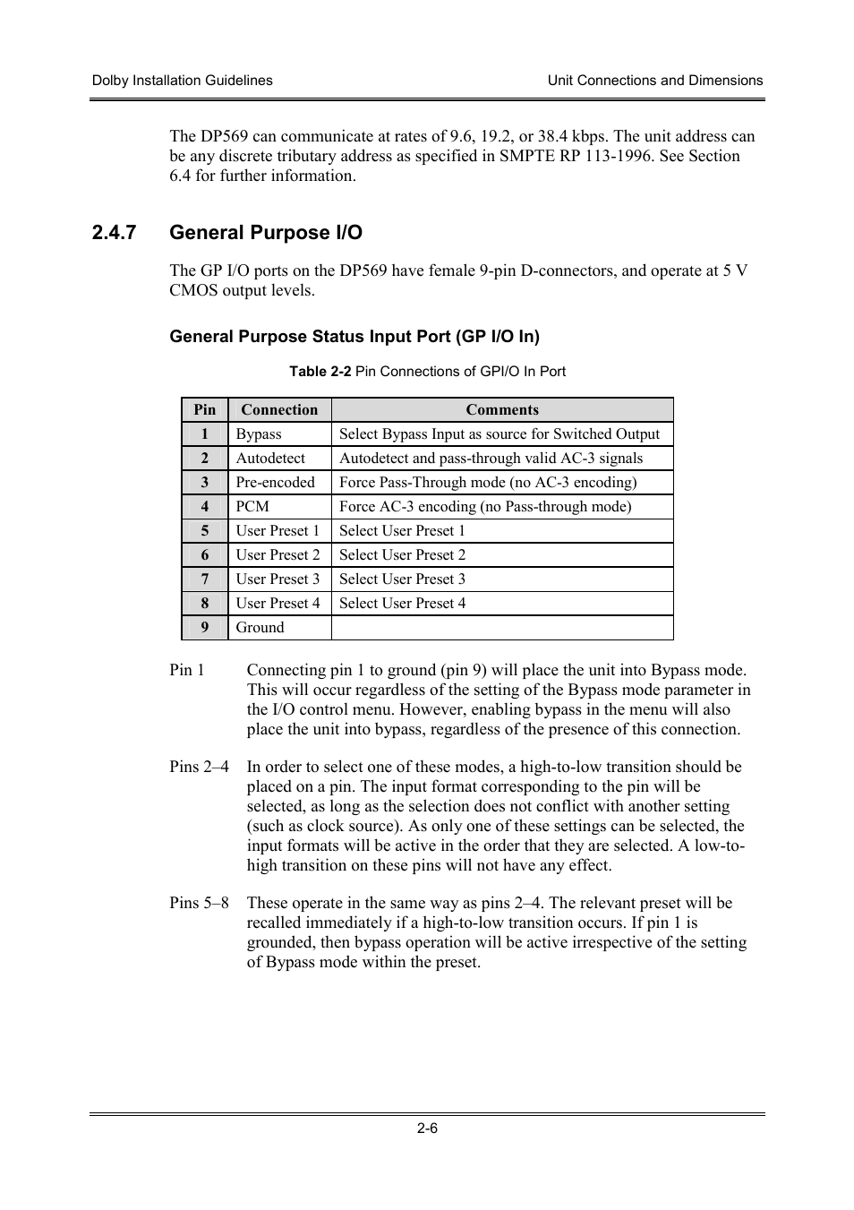 7 general purpose i/o | Dolby Laboratories S01/13621 User Manual | Page 16 / 40