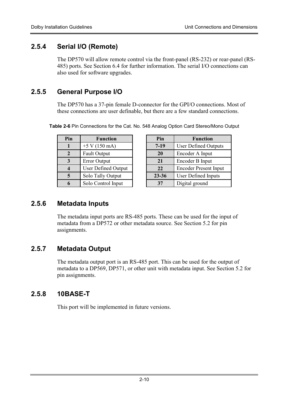 4 serial i/o (remote), 5 general purpose i/o, 6 metadata inputs | 7 metadata output, 8 10base-t | Dolby Laboratories S01/13621 User Manual | Page 20 / 40