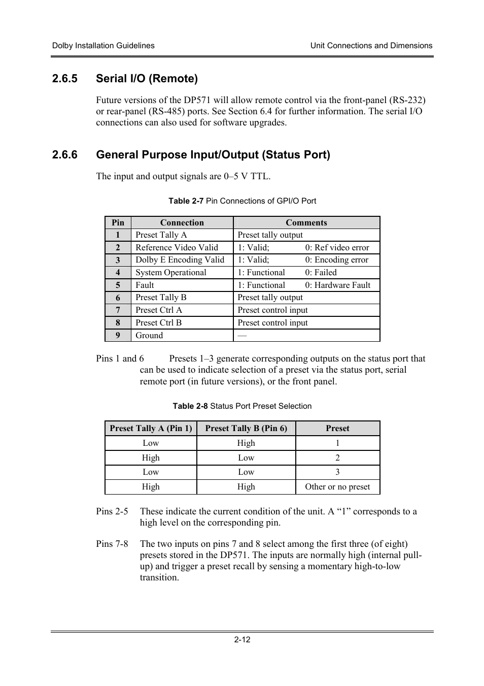 5 serial i/o (remote), 6 general purpose input/output (status port) | Dolby Laboratories S01/13621 User Manual | Page 22 / 40