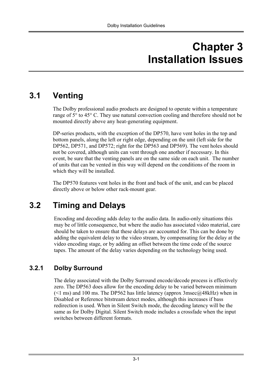 Chapter 3 installation issues, 1 venting, 2 timing and delays | Dolby Laboratories S01/13621 User Manual | Page 29 / 40