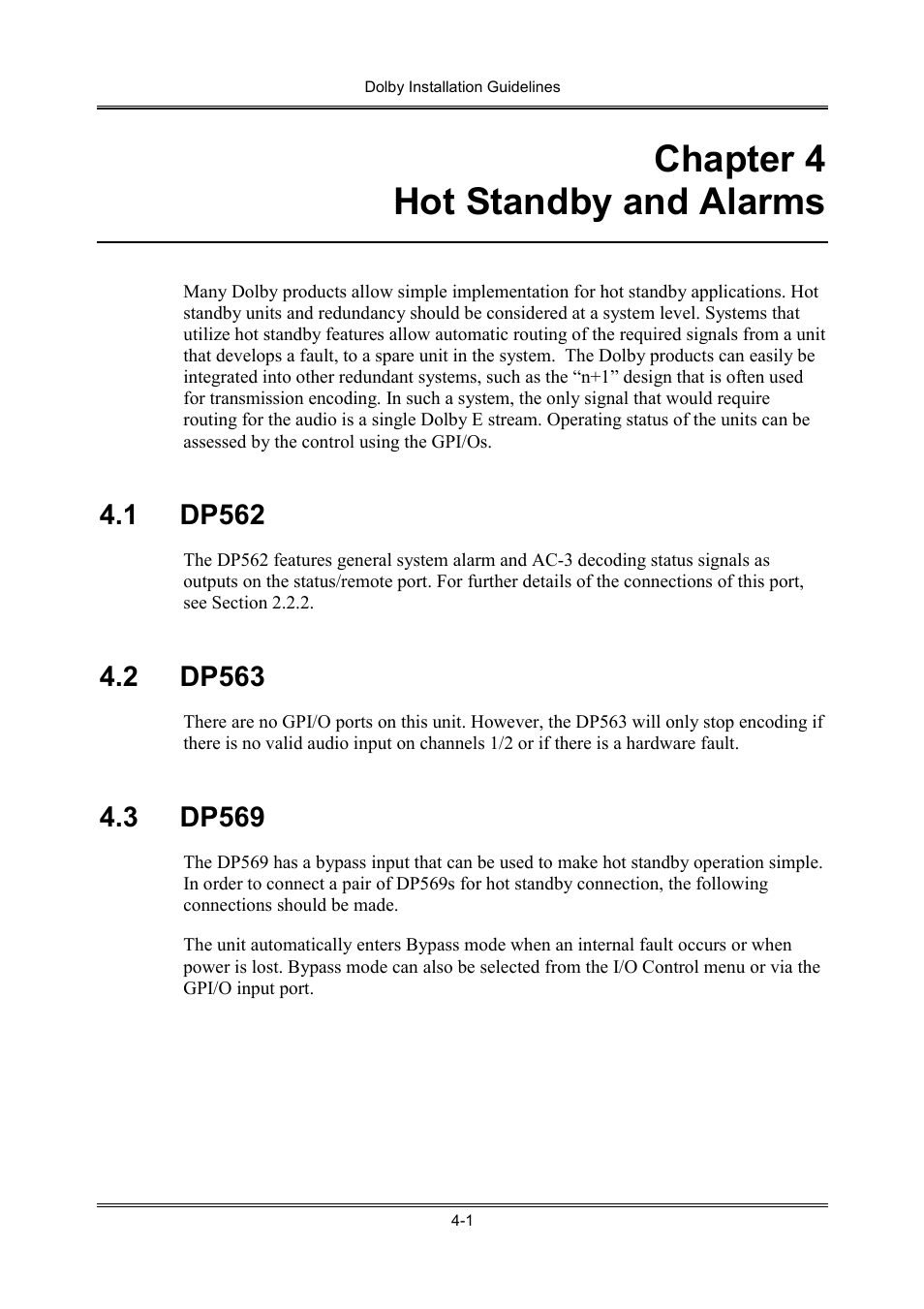 Chapter 4 hot standby and alarms, 1 dp562, 2 dp563 | 3 dp569 | Dolby Laboratories S01/13621 User Manual | Page 31 / 40