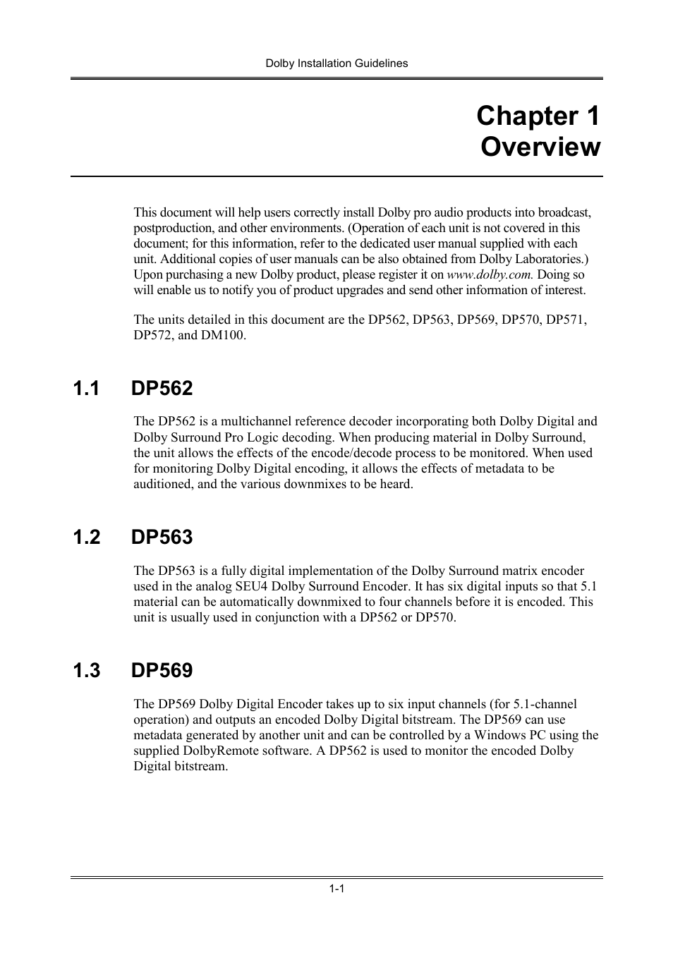 Chapter 1 overview, 1 dp562, 2 dp563 | 3 dp569 | Dolby Laboratories S01/13621 User Manual | Page 9 / 40