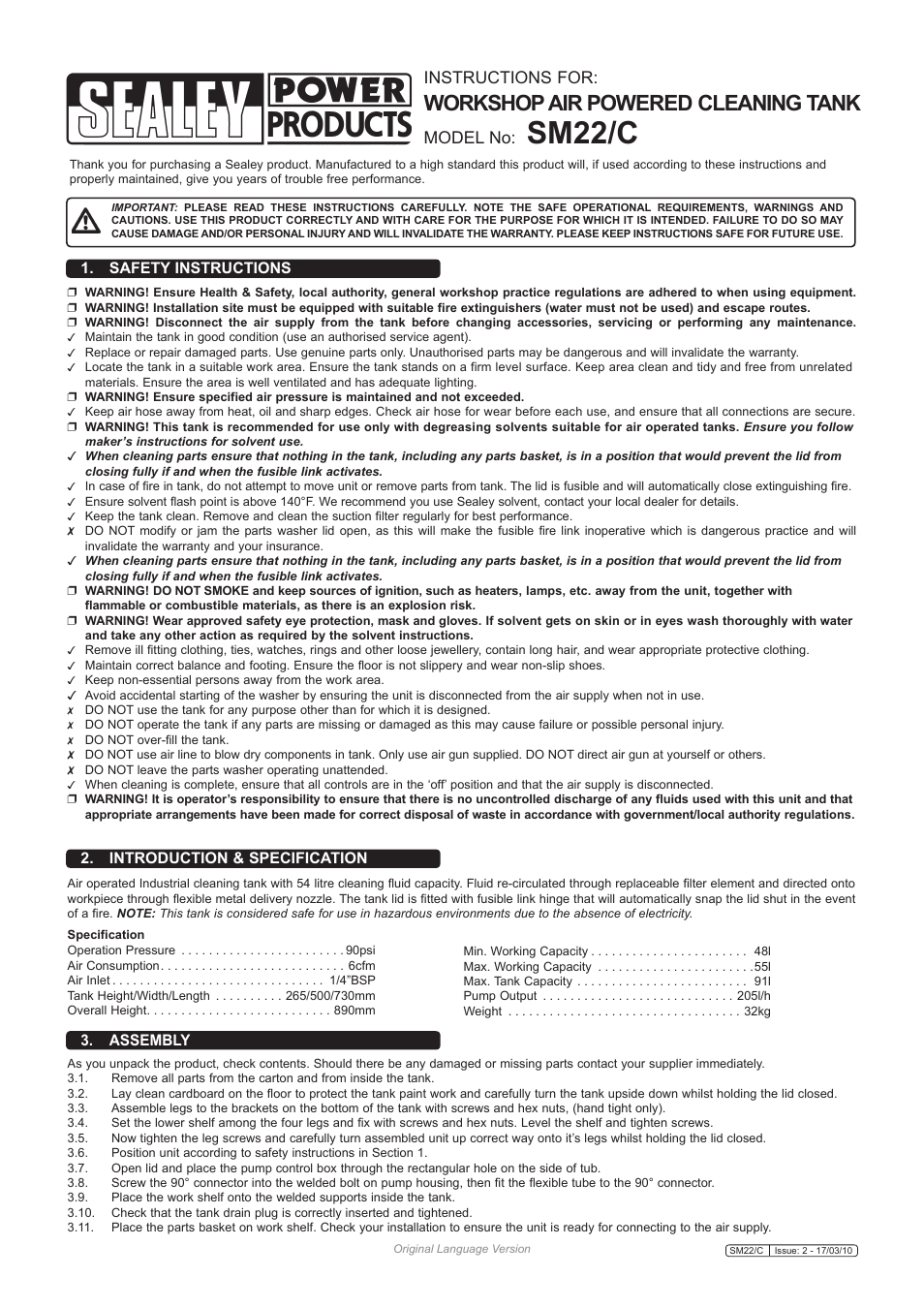 Sealey SM22/C User Manual | 3 pages