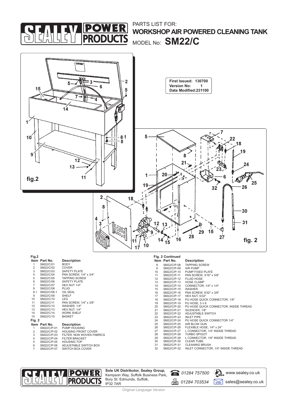 Sm22/c, Workshop air powered cleaning tank, Fig. 2 fig.2 | Parts list for, Model no | Sealey SM22/C User Manual | Page 3 / 3