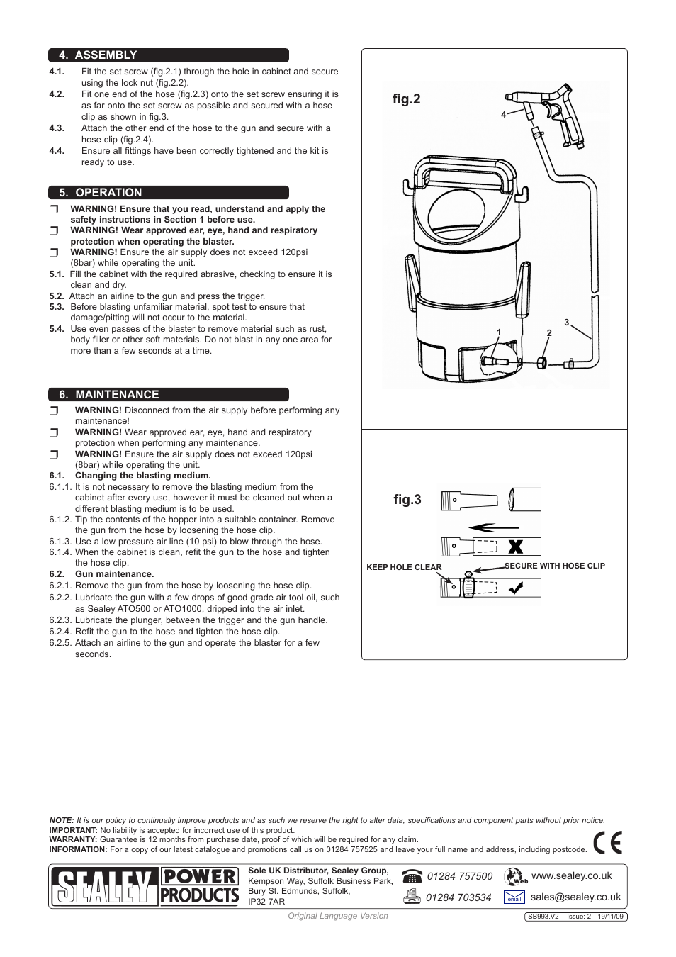 Fig.3, Fig.2, Maintenance | Operation, Assembly | Sealey SB993 User Manual | Page 2 / 2